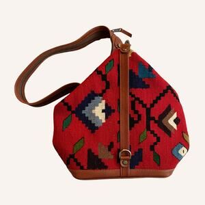 Wool & leather backpack knapsack, red w/ geometric designs